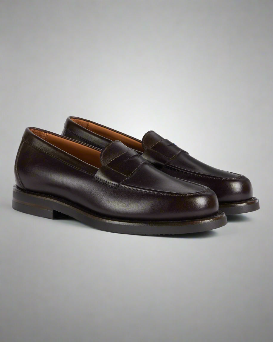 Vellano Harrowmere Greased Leather Penny Loafers Dark Brown