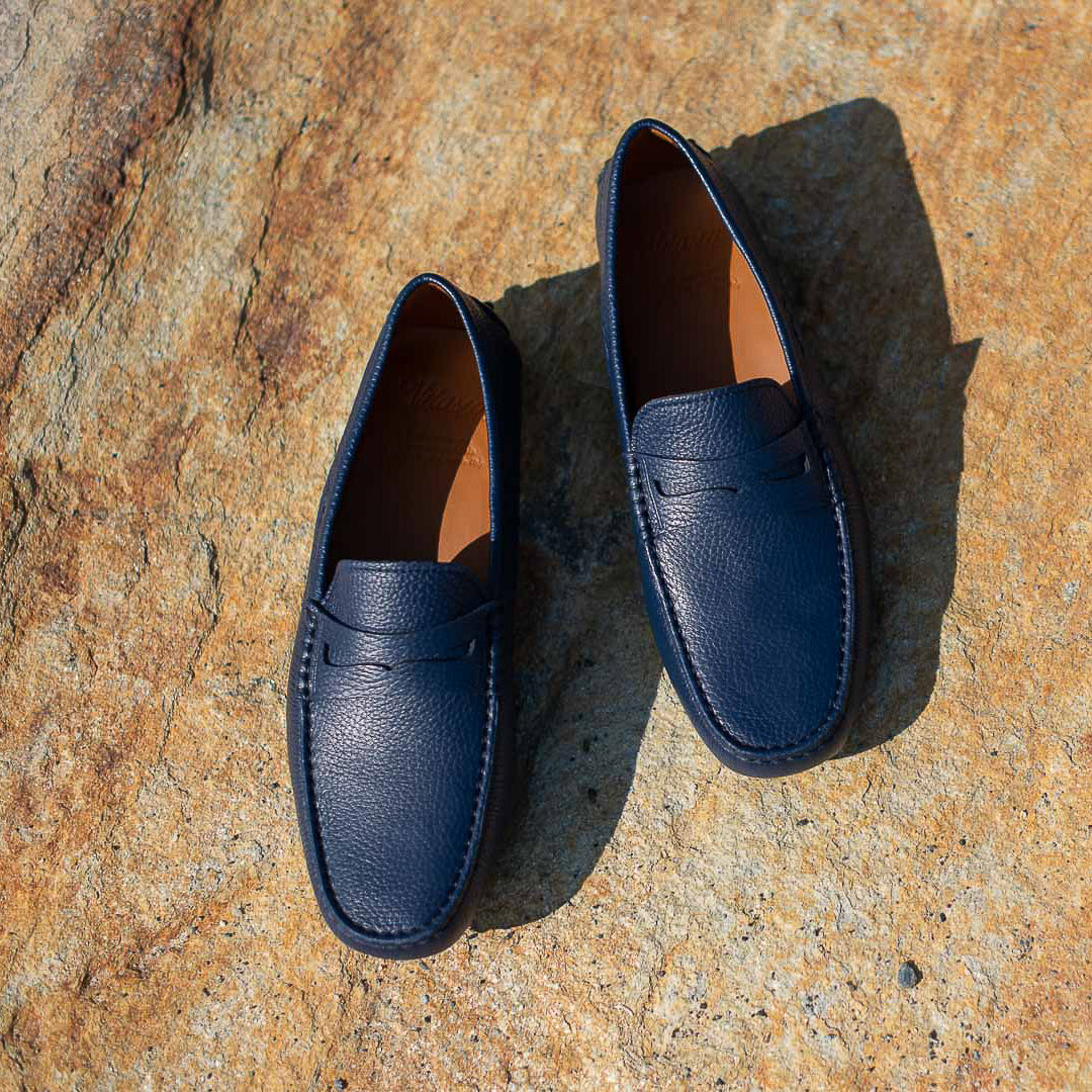 Vellano Eldwynd Penny Moccasins in Dark Blue Tumbled Leather