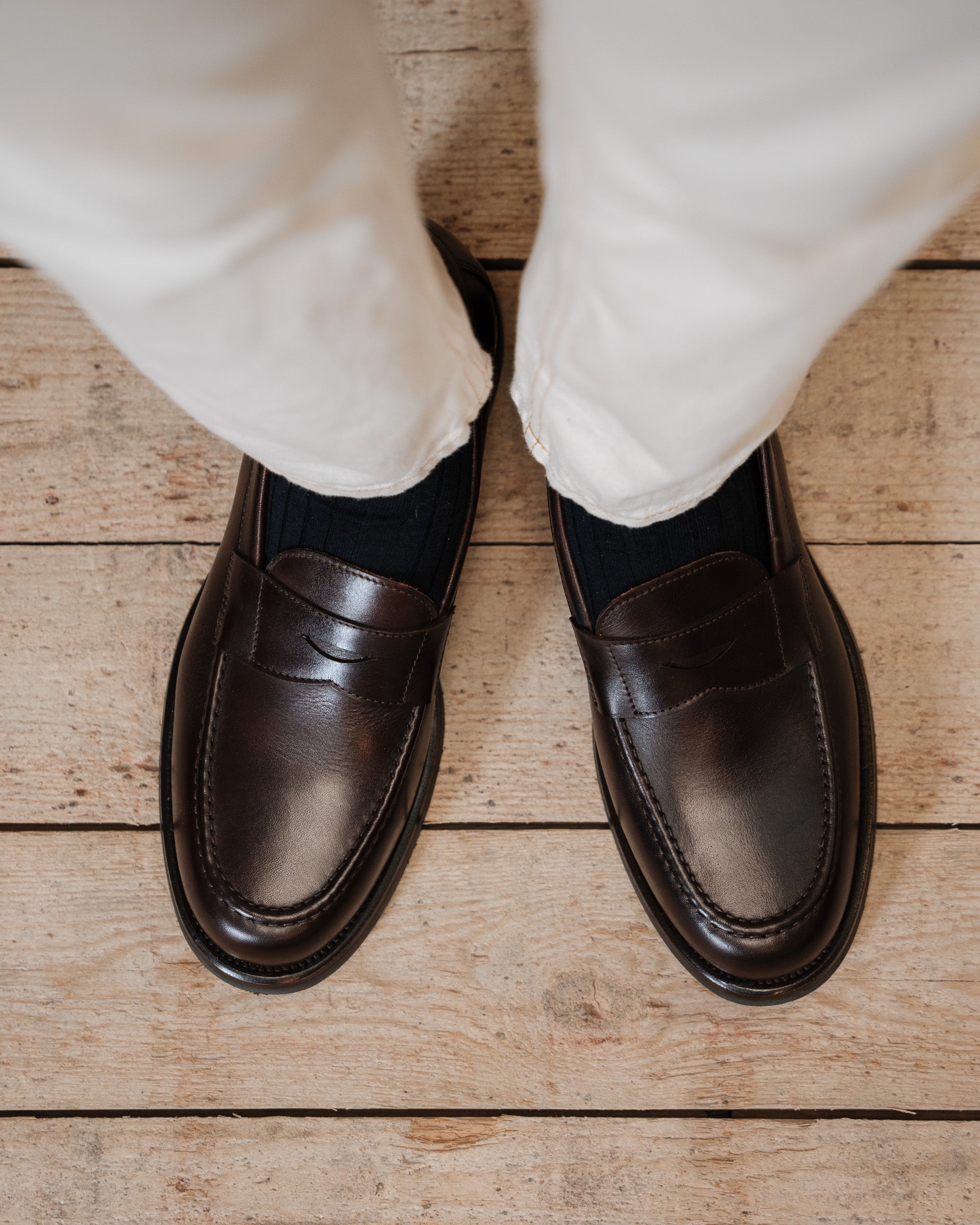 Vellano Harrowmere Greased Leather Penny Loafers Dark Brown