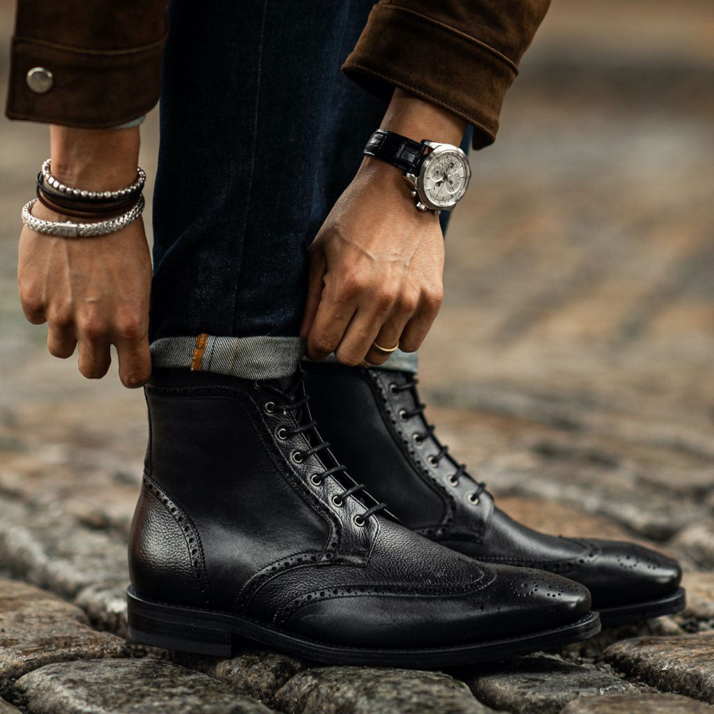 Vellano Wellington Goodyear Welt Brogue Boot – Carbon Black