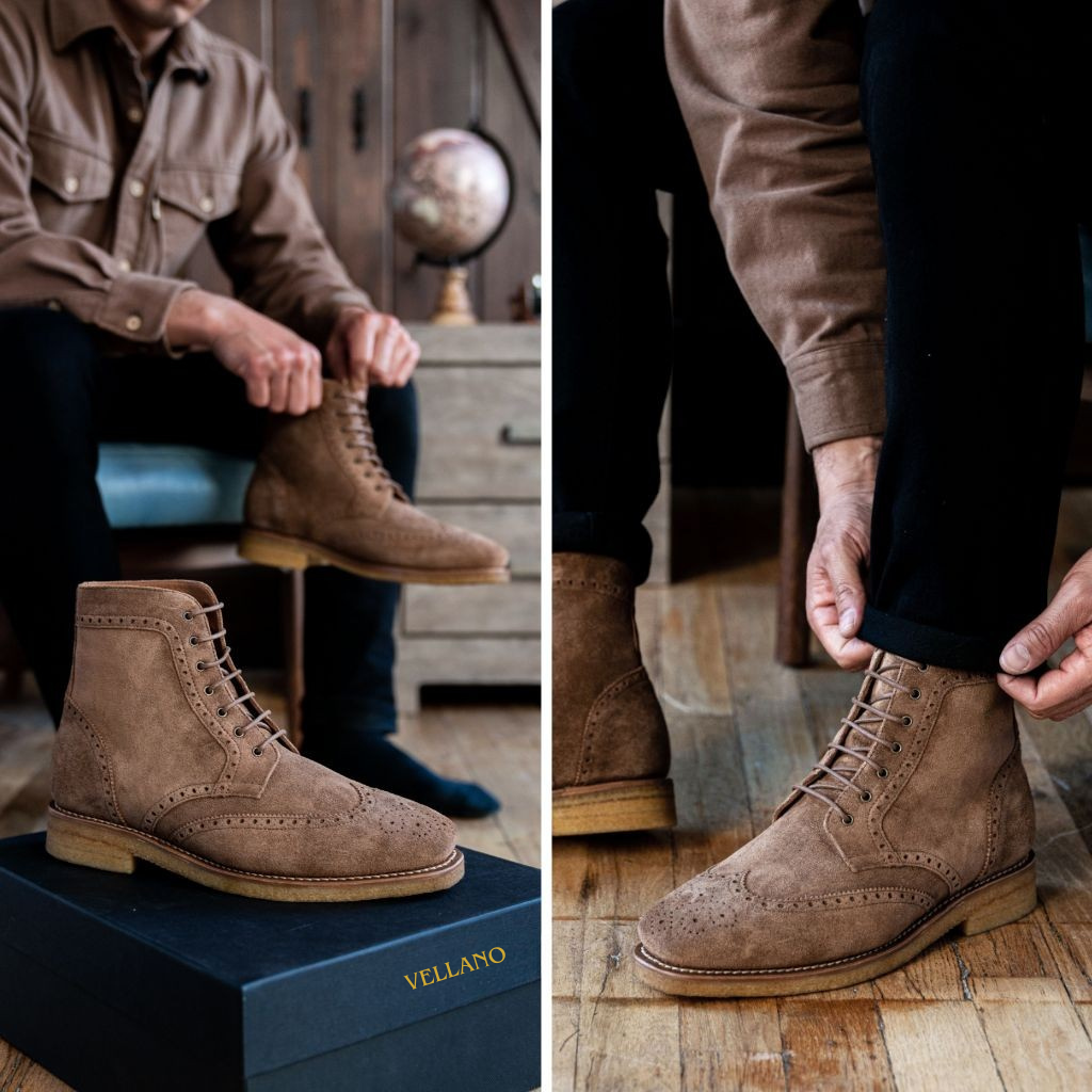 Vellano Wellington Goodyear Welt Brogue Boot – Sand Suede