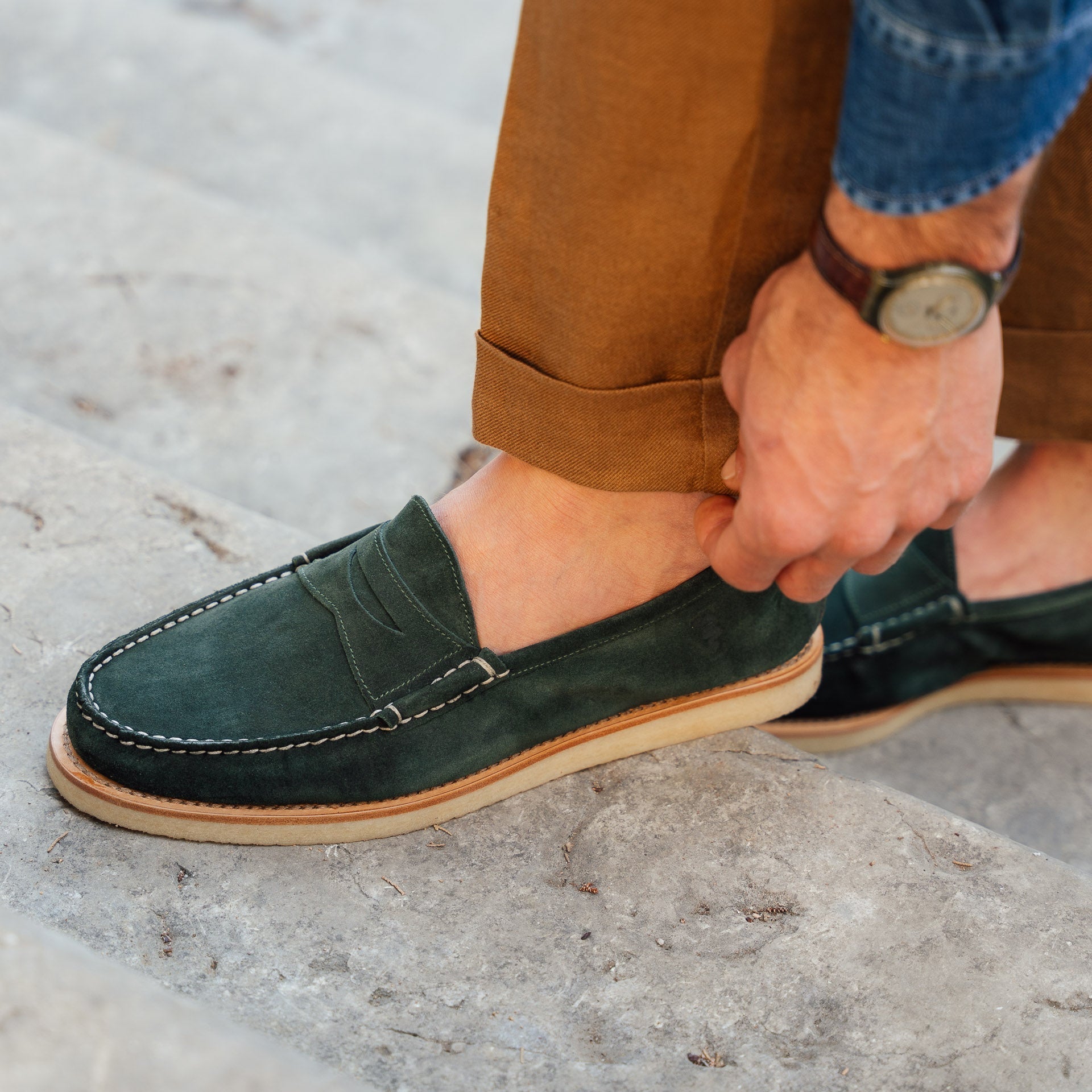 Vellano Green Suede Penny Loafers