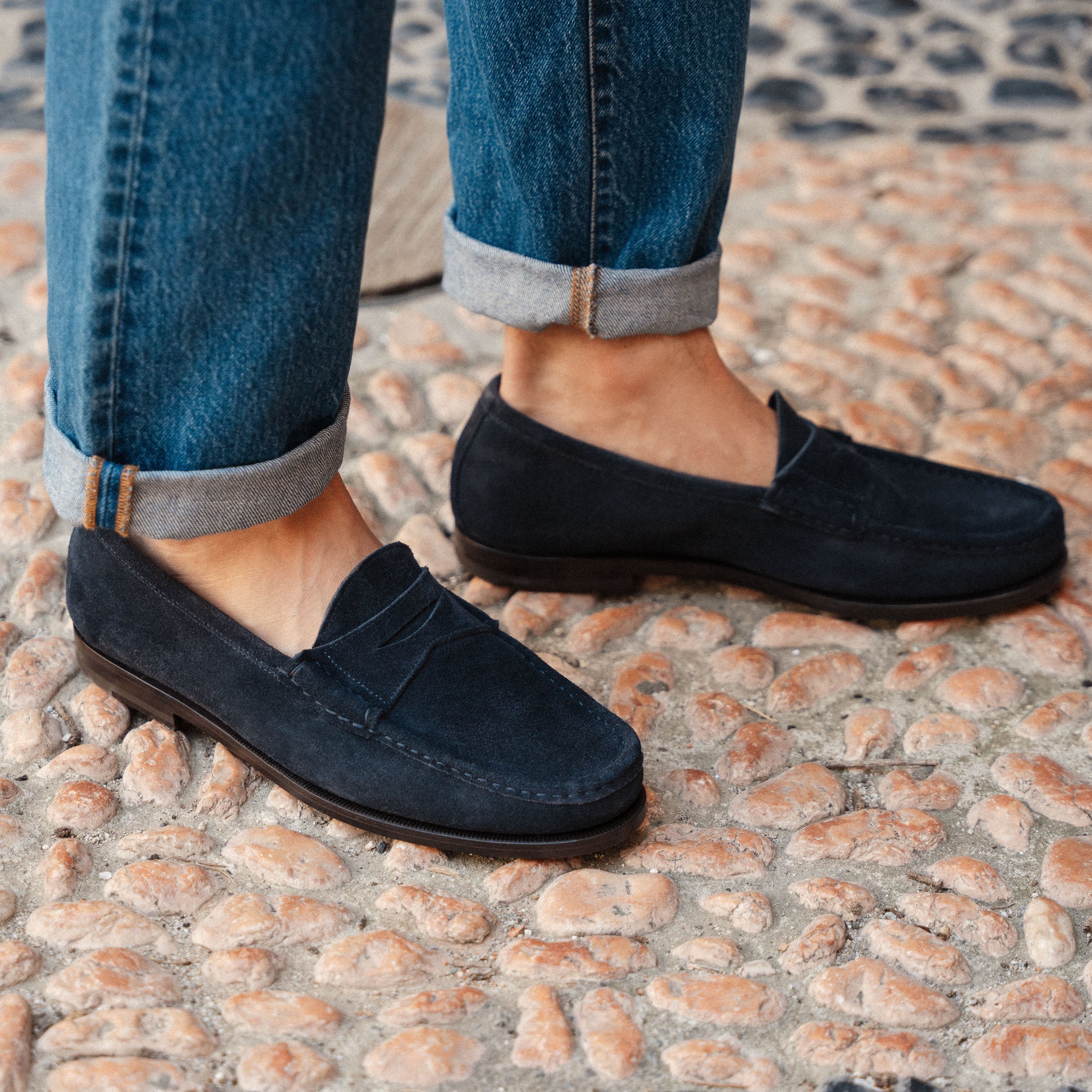 Vellano Dark Blue Suede Penny Loafers