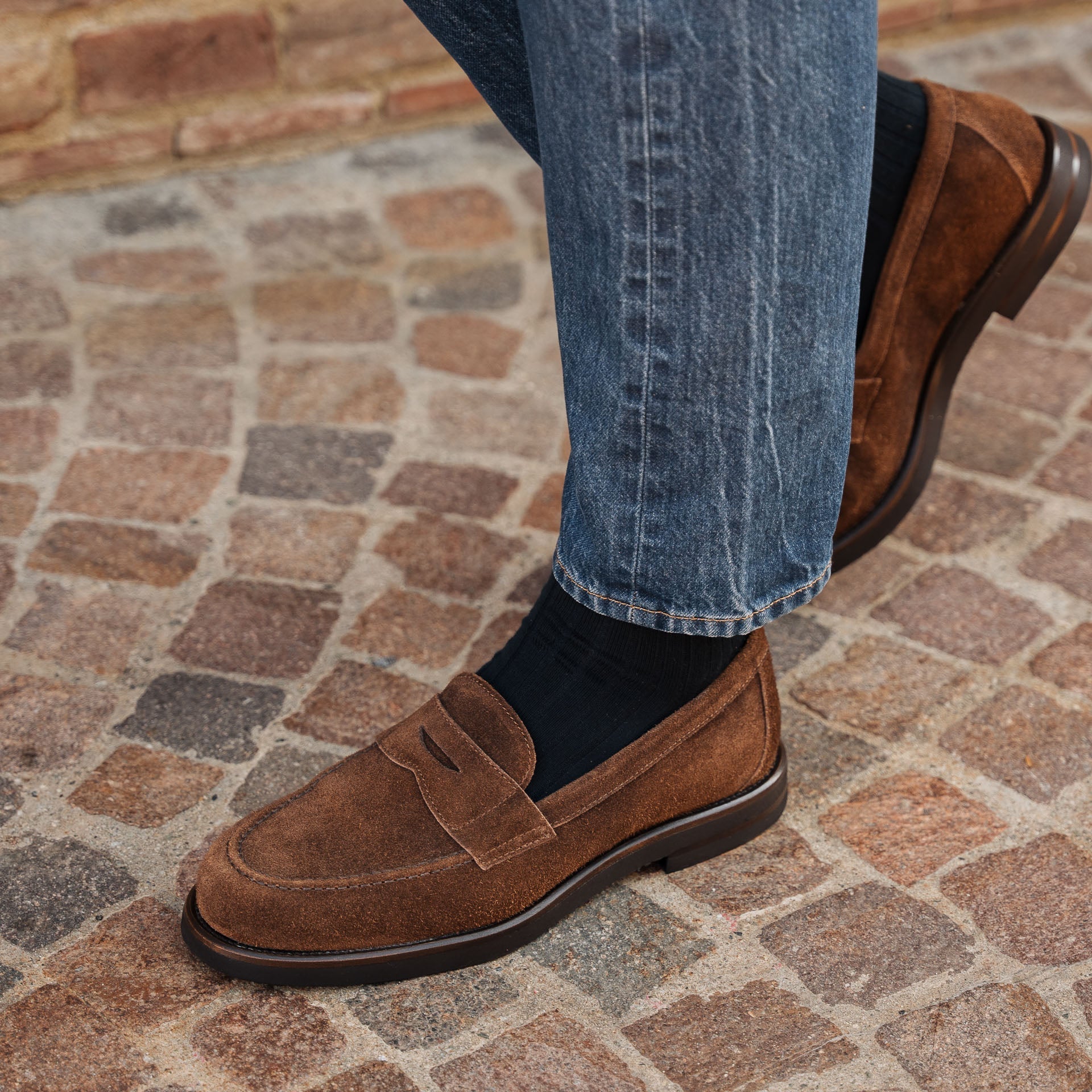 Vellano Harrowmere Greased Suede Penny Loafers Tobacco Brown