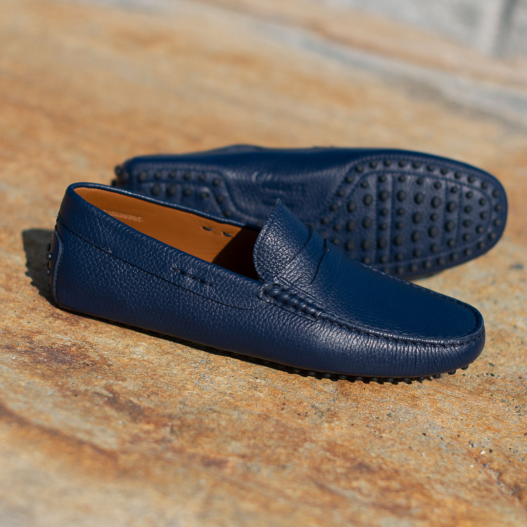 Vellano Eldwynd Penny Moccasins in Dark Blue Tumbled Leather