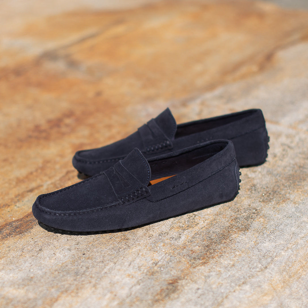 Vellano Eldwynd Penny Moccasins in Dark Blue Suede