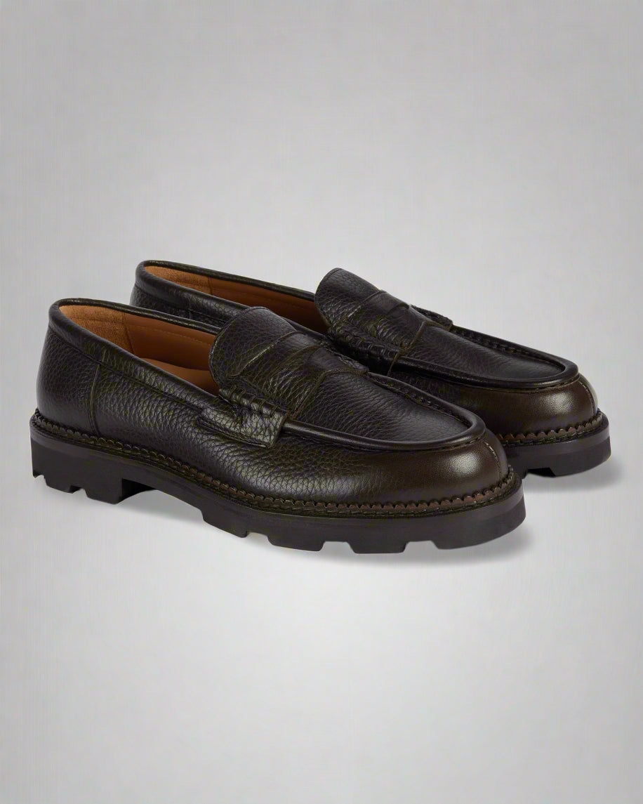 Vellano Stonewyld Milled Leather Penny Loafers Dark Brown