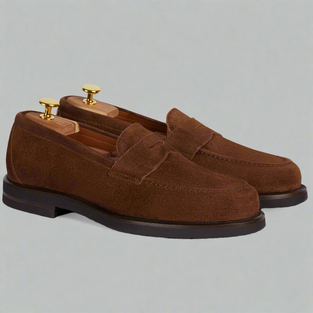 Vellano Harrowmere Greased Suede Penny Loafers Tobacco Brown
