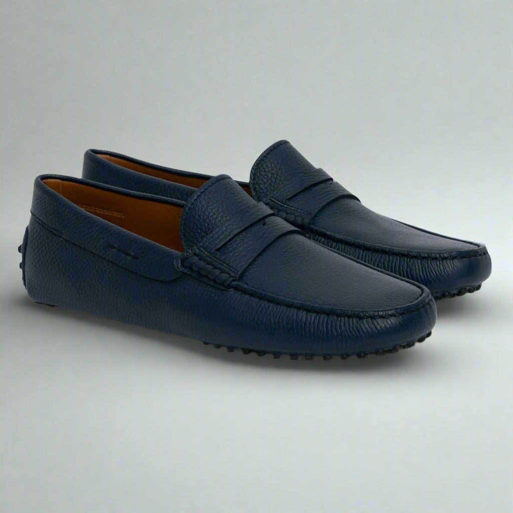 Vellano Eldwynd Penny Moccasins in Dark Blue Tumbled Leather