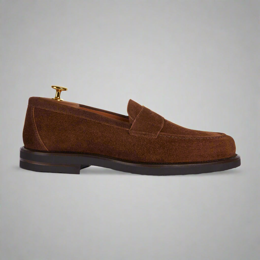 Vellano Harrowmere Greased Suede Penny Loafers Tobacco Brown