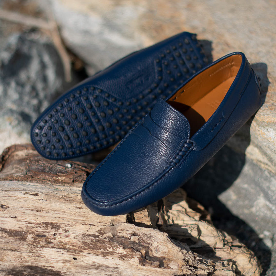 Vellano Eldwynd Penny Moccasins in Dark Blue Tumbled Leather