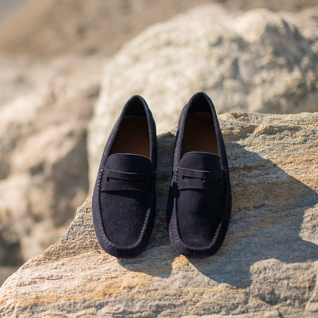 Vellano Eldwynd Penny Moccasins in Dark Blue Suede