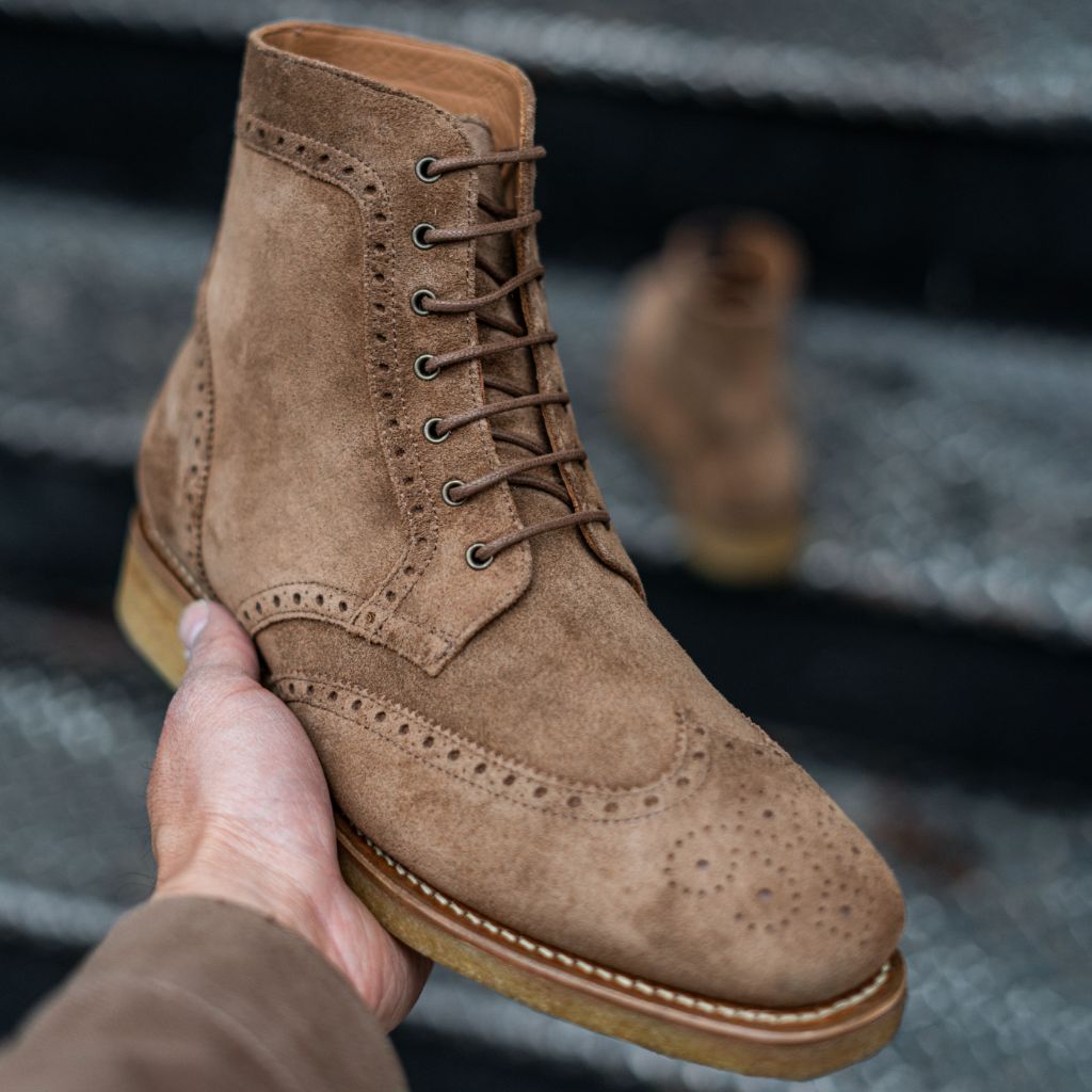 Vellano Wellington Goodyear Welt Brogue Boot – Sand Suede
