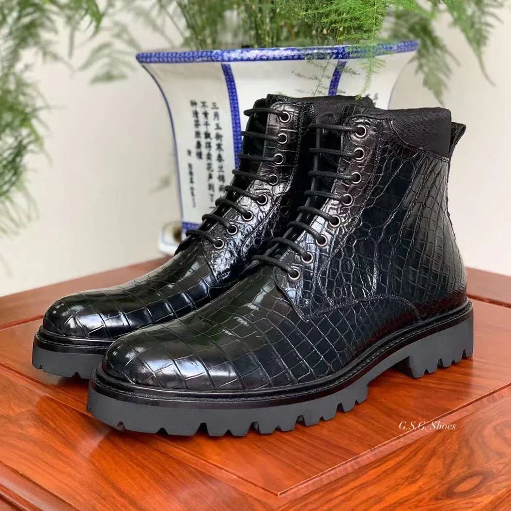 Vellano Caxias Black Croco Print Derby Boots