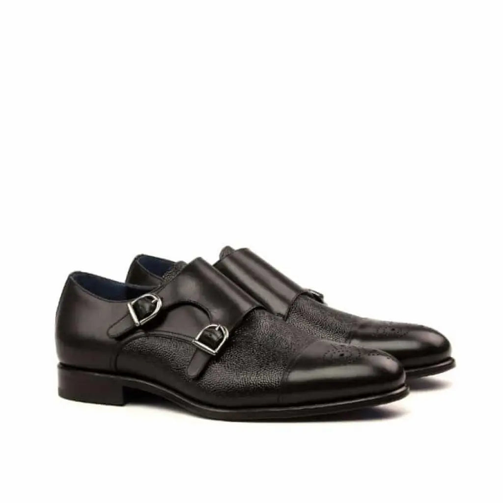 Vellano Black Milled Toe Double Monk Strap