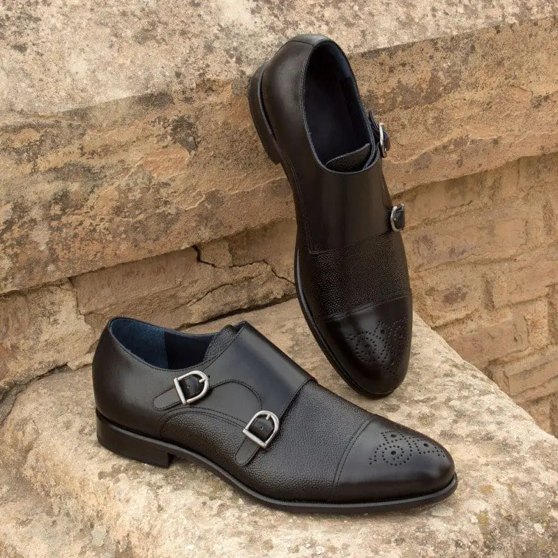 Vellano Black Milled Toe Double Monk Strap