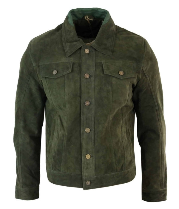 Vellano Olive Suede Retro Jean Jacket