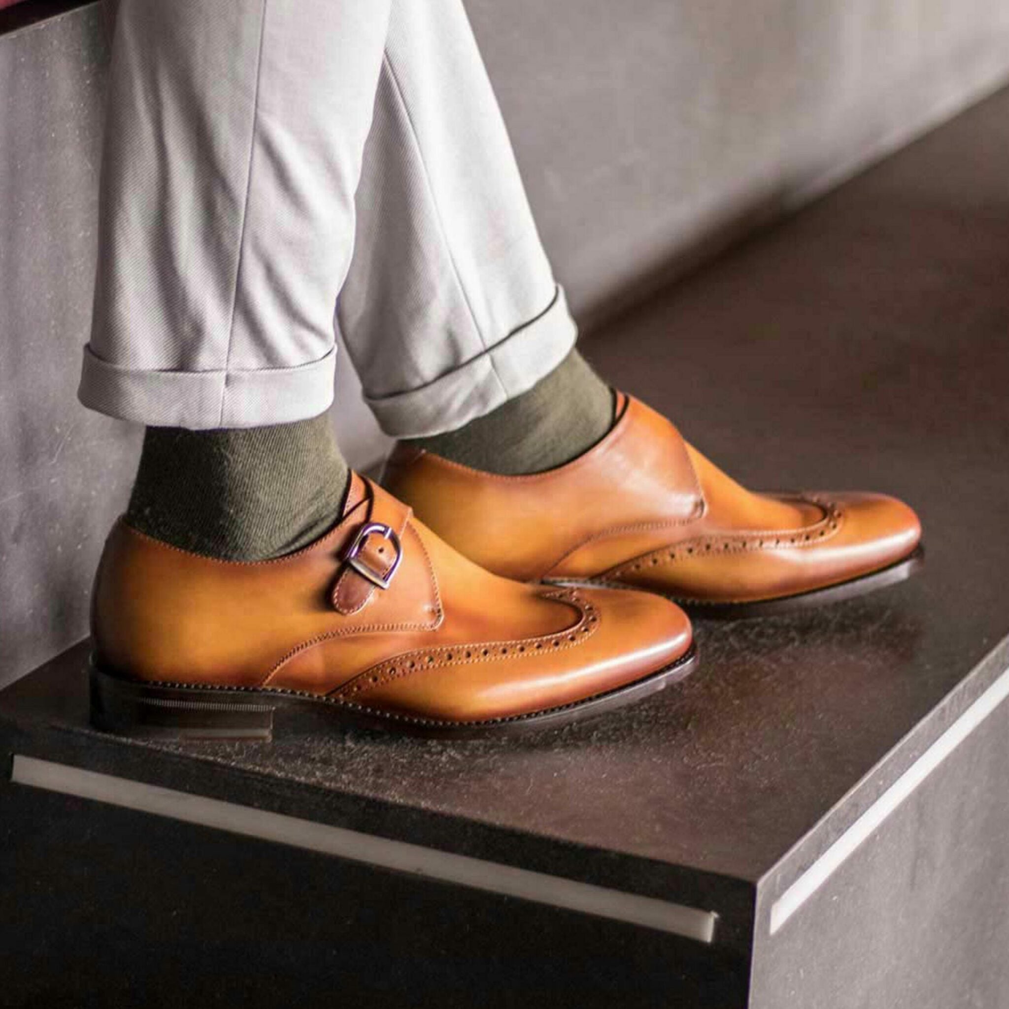 Vellano Tan Two Tone Brogue Strap Monk