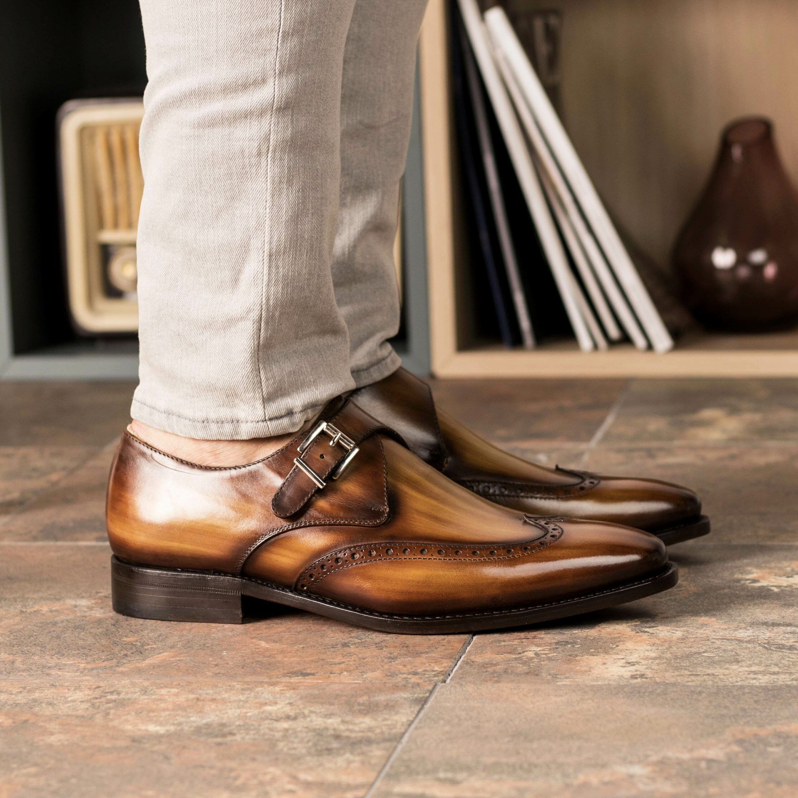 Vellano Wood Finish Tan Brogue Strap Monk