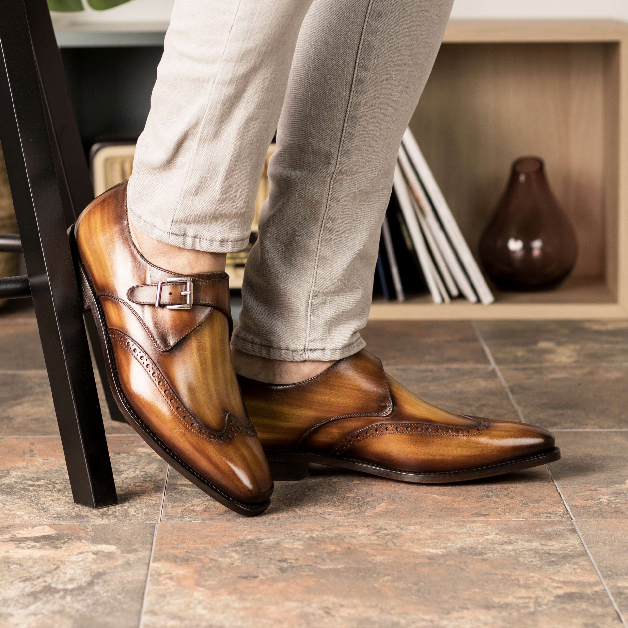 Vellano Wood Finish Tan Brogue Strap Monk