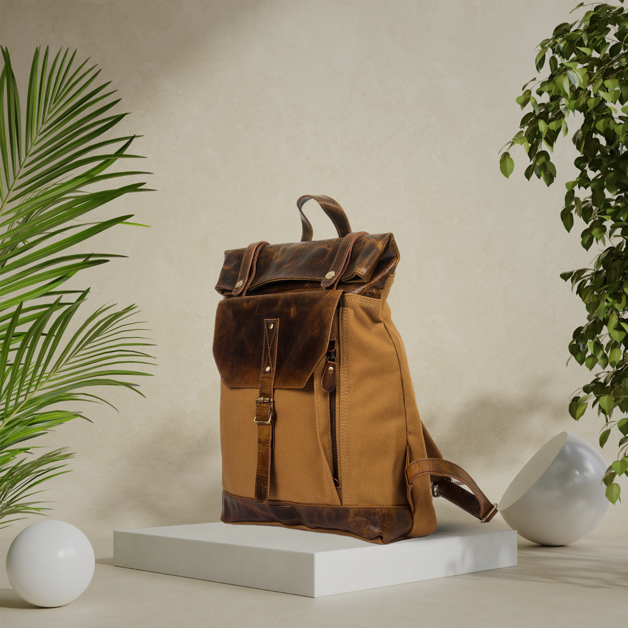 Vellano ForgePath Vintage Leather and Waxed Canvas Travel Backpack