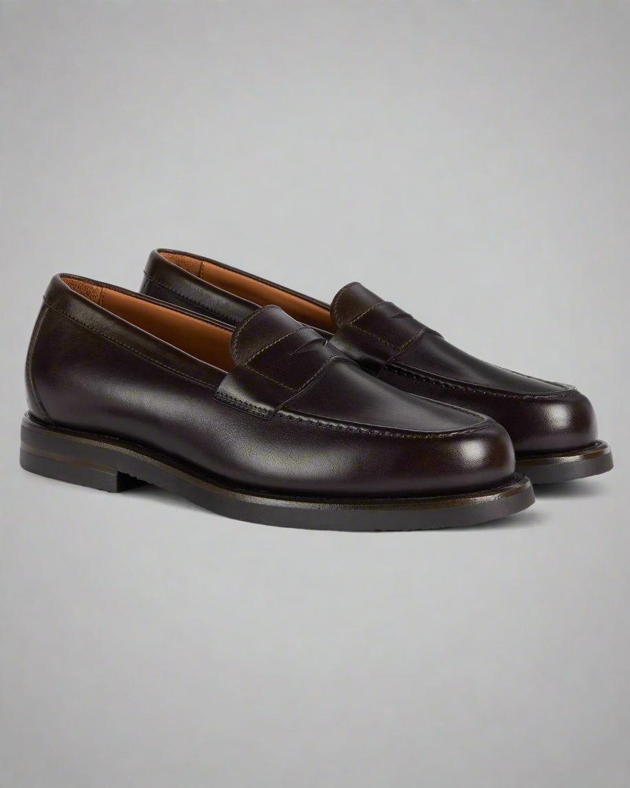 Vellano Harrowmere Greased Leather Penny Loafers Dark Brown