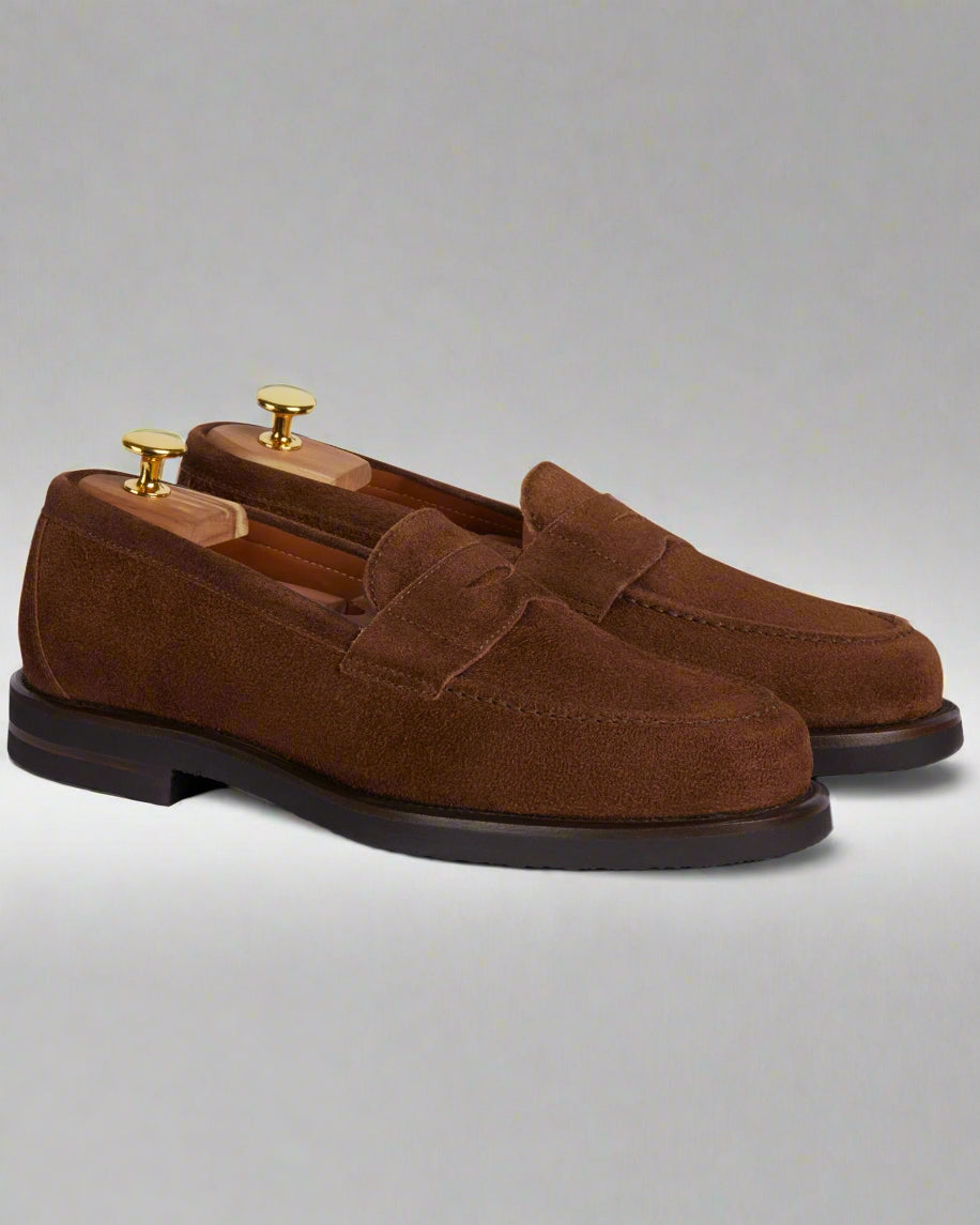 Vellano Harrowmere Greased Suede Penny Loafers Tobacco Brown