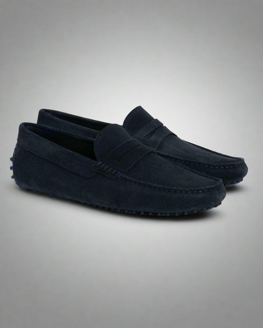 Vellano Eldwynd Penny Moccasins in Dark Blue Suede